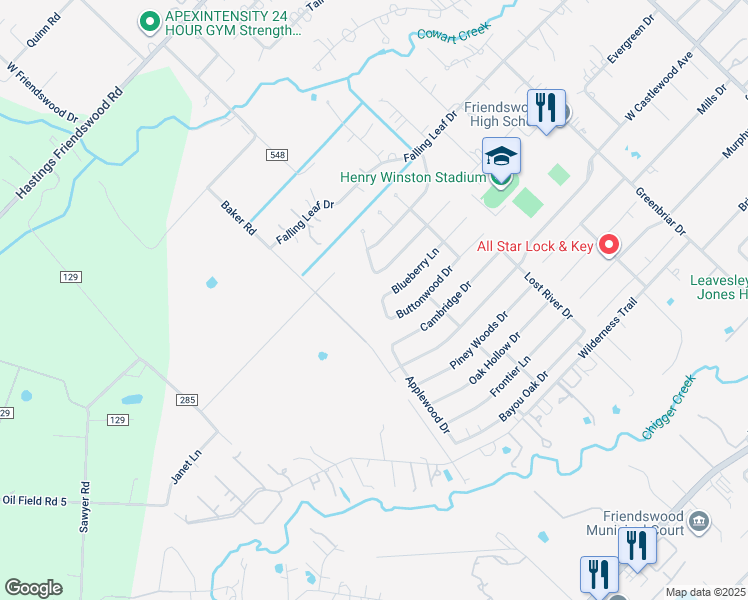 map of restaurants, bars, coffee shops, grocery stores, and more near 708 Pine Needle Drive in Friendswood
