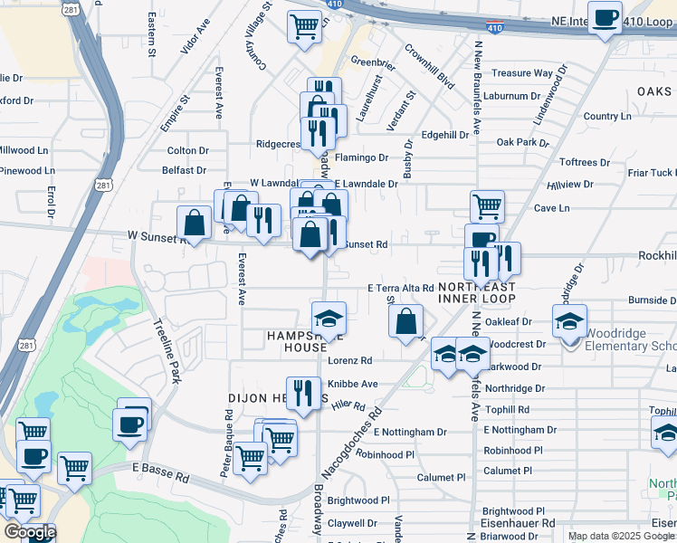 map of restaurants, bars, coffee shops, grocery stores, and more near 7926 Broadway in San Antonio