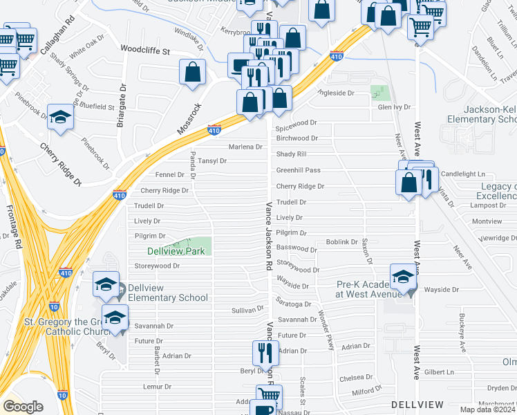 map of restaurants, bars, coffee shops, grocery stores, and more near 427 Trudell Drive in San Antonio