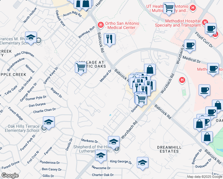 map of restaurants, bars, coffee shops, grocery stores, and more near 5322 Rowley Road in San Antonio