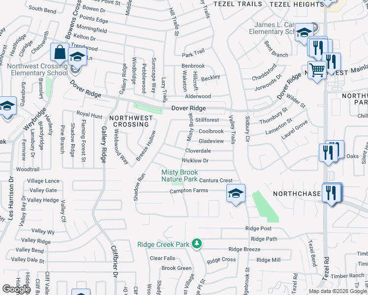 map of restaurants, bars, coffee shops, grocery stores, and more near 7111 Misty Brook in San Antonio