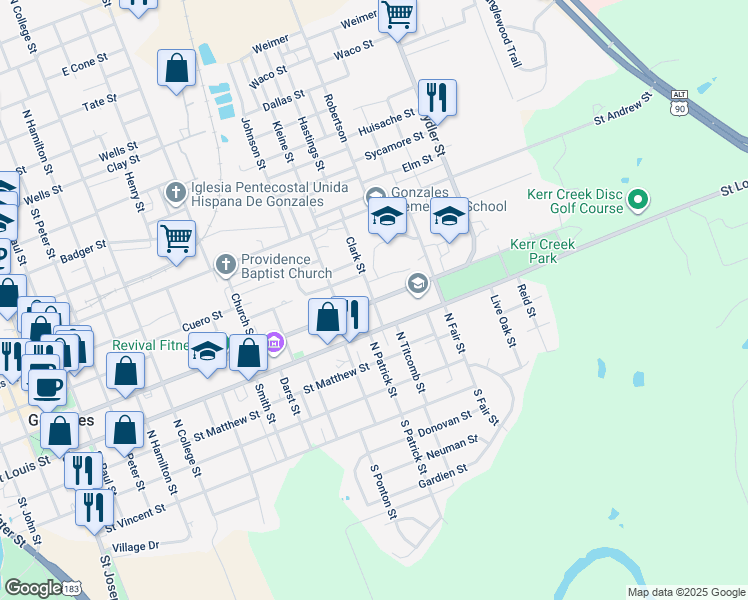 map of restaurants, bars, coffee shops, grocery stores, and more near 1501 Saint Lawrence Street in Gonzales