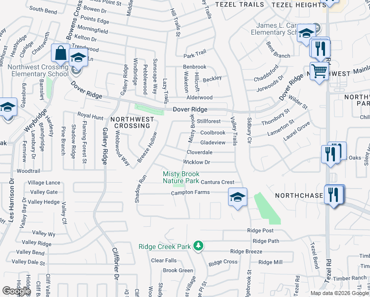 map of restaurants, bars, coffee shops, grocery stores, and more near 7111 Misty Brook in San Antonio