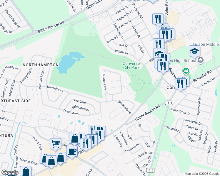 map of restaurants, bars, coffee shops, grocery stores, and more near 8302 Parry Path in Converse