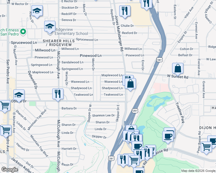 map of restaurants, bars, coffee shops, grocery stores, and more near 326 Waxwood Lane in San Antonio
