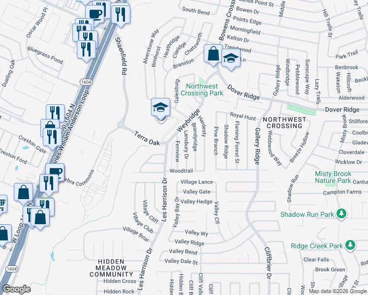map of restaurants, bars, coffee shops, grocery stores, and more near 7265 Lansbury Drive in San Antonio