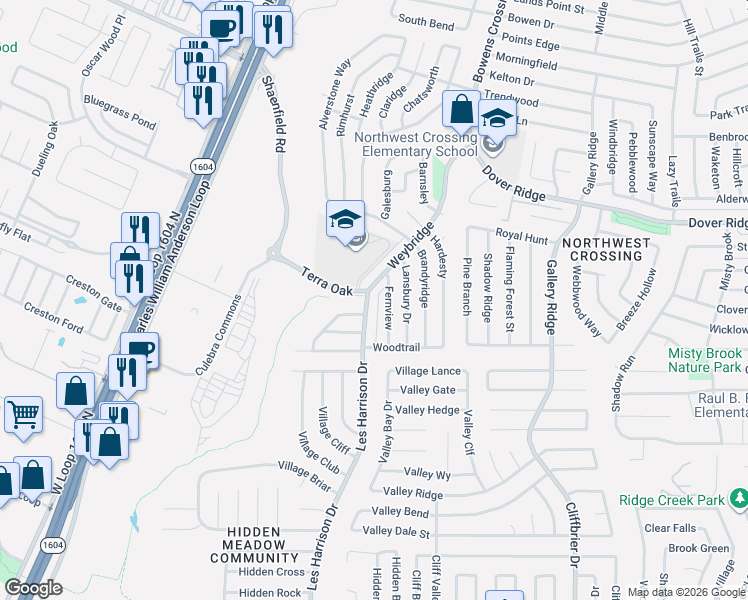 map of restaurants, bars, coffee shops, grocery stores, and more near 7366 Weybridge in San Antonio