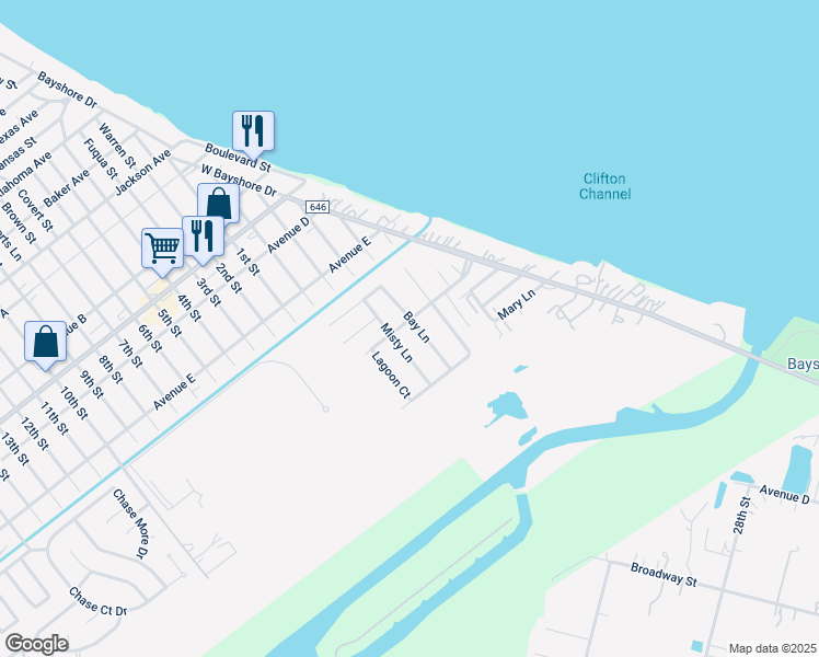 map of restaurants, bars, coffee shops, grocery stores, and more near 5102 Bay Lane in Bacliff