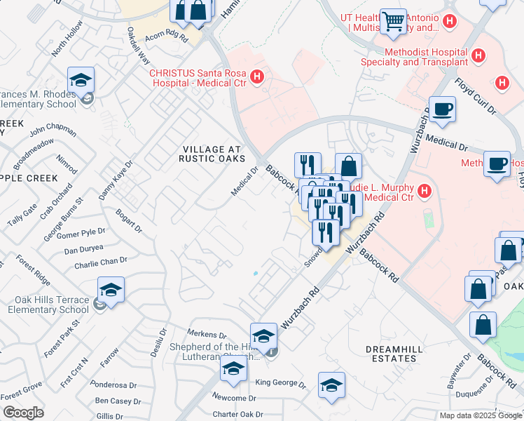 map of restaurants, bars, coffee shops, grocery stores, and more near 5322 Rowley Road in San Antonio