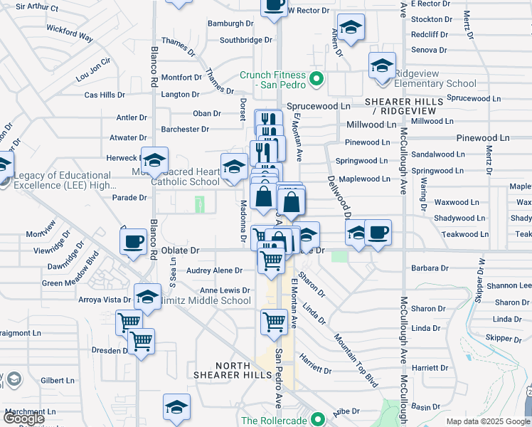 map of restaurants, bars, coffee shops, grocery stores, and more near 6941 San Pedro Avenue in San Antonio