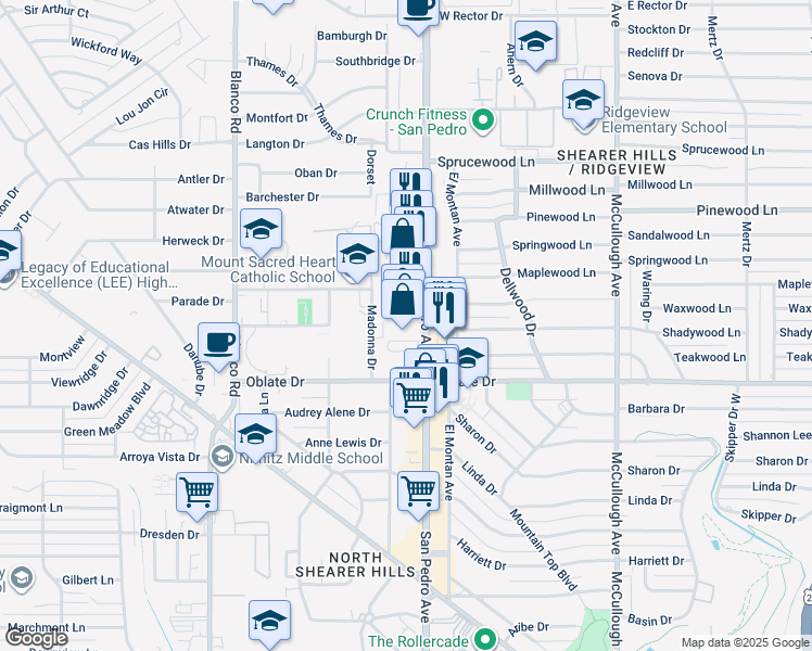 map of restaurants, bars, coffee shops, grocery stores, and more near 6941 San Pedro Avenue in San Antonio