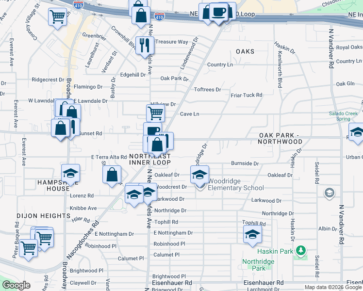 map of restaurants, bars, coffee shops, grocery stores, and more near 146 Rockhill Drive in San Antonio