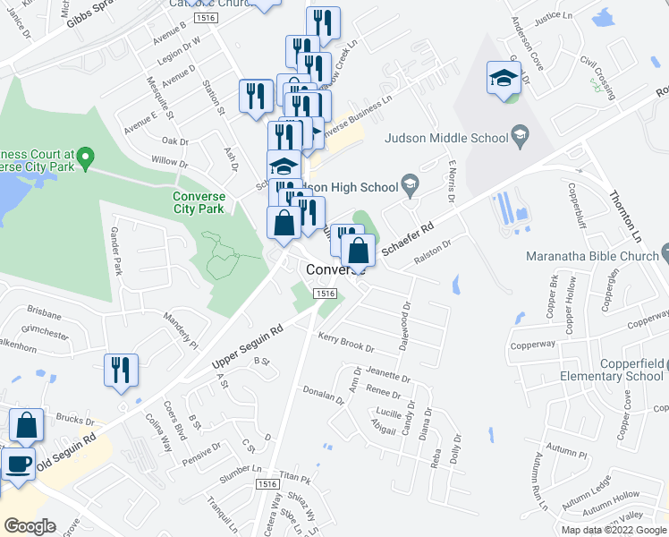 map of restaurants, bars, coffee shops, grocery stores, and more near in Converse