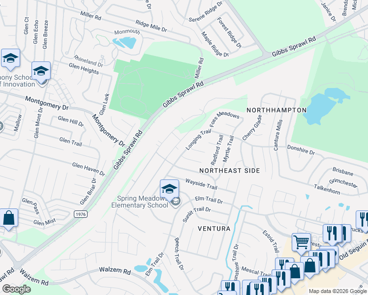 map of restaurants, bars, coffee shops, grocery stores, and more near 7502 Longing Trail in San Antonio