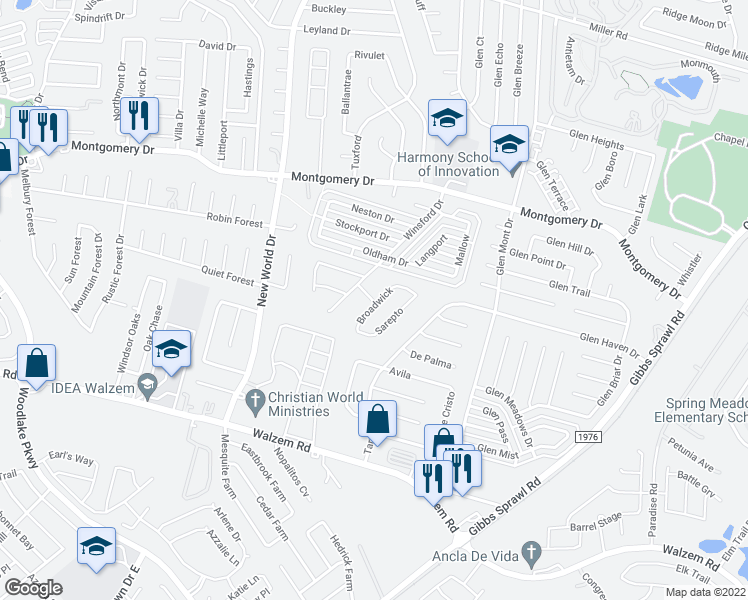 map of restaurants, bars, coffee shops, grocery stores, and more near 7728 Winsford in San Antonio