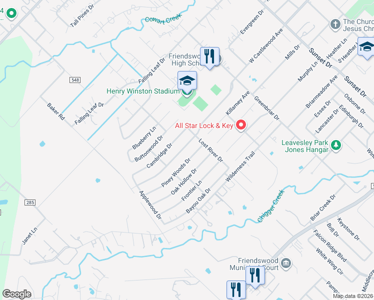 map of restaurants, bars, coffee shops, grocery stores, and more near 1210 West Castlewood Avenue in Friendswood