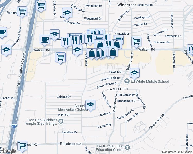 map of restaurants, bars, coffee shops, grocery stores, and more near 5233 Gawain Drive in San Antonio