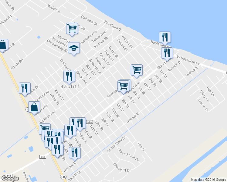 map of restaurants, bars, coffee shops, grocery stores, and more near 4450 8th Street in Bacliff