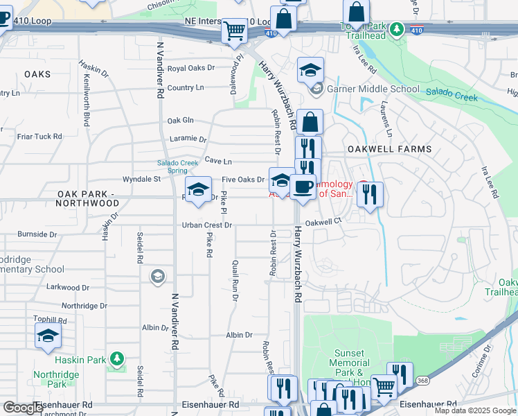 map of restaurants, bars, coffee shops, grocery stores, and more near 622 Rockhill Drive in San Antonio