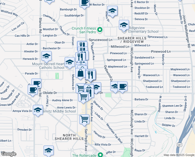 map of restaurants, bars, coffee shops, grocery stores, and more near 107 Shadywood Lane in San Antonio