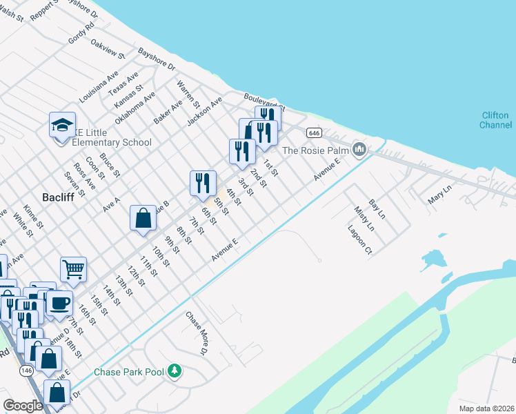 map of restaurants, bars, coffee shops, grocery stores, and more near 4734 3rd Street in Bacliff