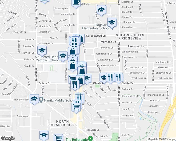 map of restaurants, bars, coffee shops, grocery stores, and more near 107 Shadywood Lane in San Antonio