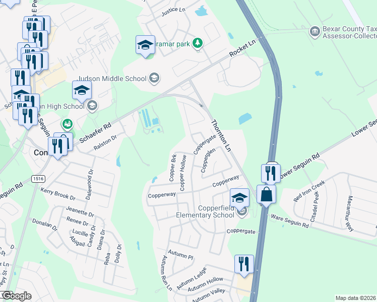 map of restaurants, bars, coffee shops, grocery stores, and more near 9707 Copper Spring in Converse