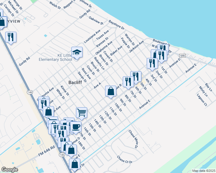 map of restaurants, bars, coffee shops, grocery stores, and more near 4430 9th St in Bacliff