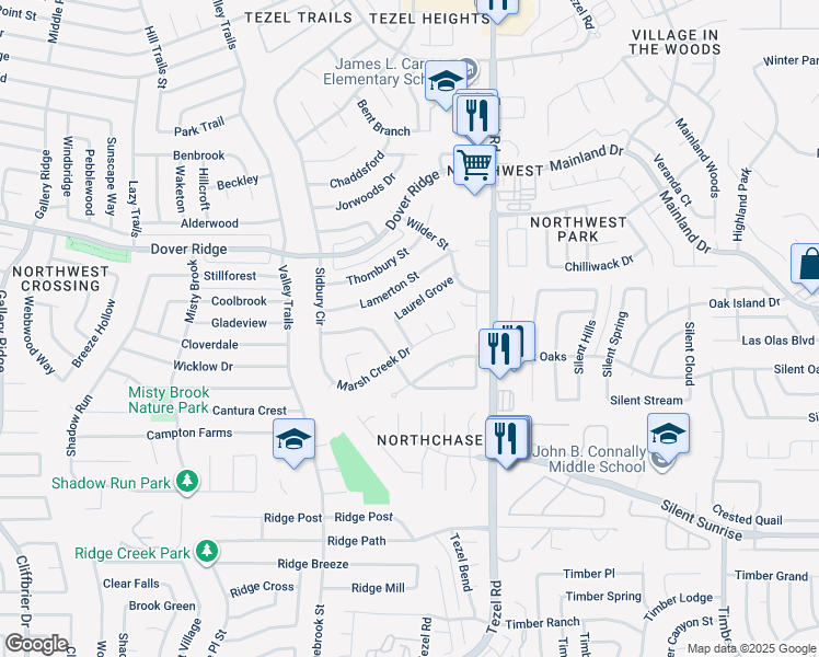 map of restaurants, bars, coffee shops, grocery stores, and more near 7110 Blazewood in San Antonio