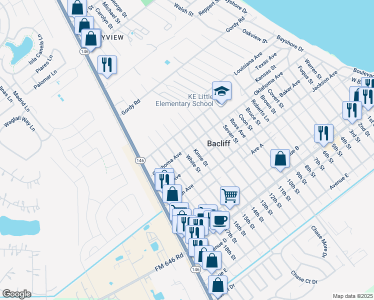 map of restaurants, bars, coffee shops, grocery stores, and more near 927 Oklahoma Ave in Bacliff