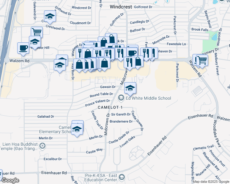 map of restaurants, bars, coffee shops, grocery stores, and more near 5295 Round Table Drive in San Antonio