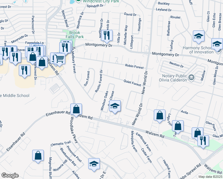 map of restaurants, bars, coffee shops, grocery stores, and more near 7643 Oak Chase in San Antonio