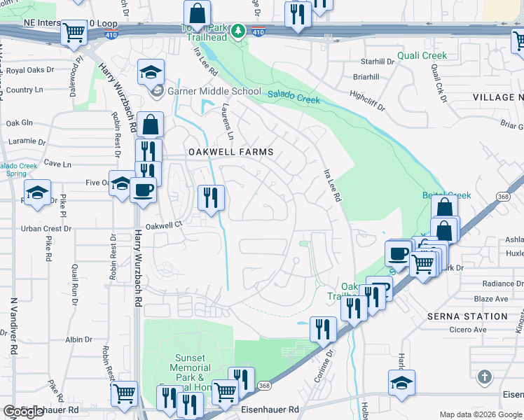 map of restaurants, bars, coffee shops, grocery stores, and more near 7 Scarborough Square in San Antonio