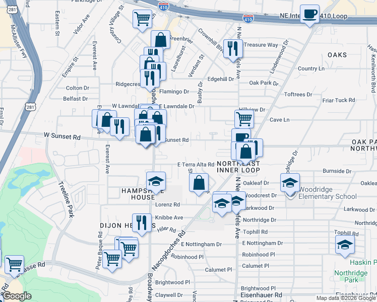 map of restaurants, bars, coffee shops, grocery stores, and more near 7803 Lado Bueno in San Antonio