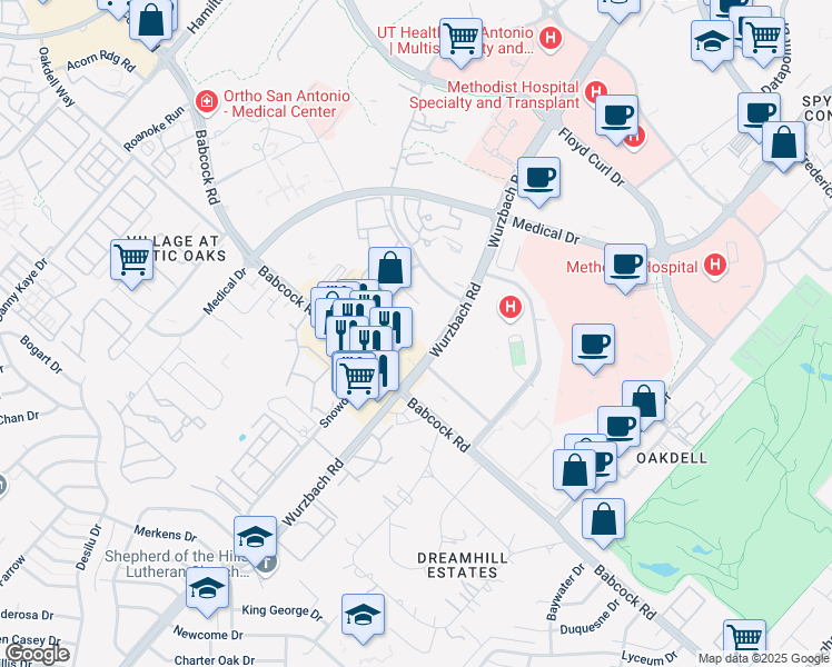 map of restaurants, bars, coffee shops, grocery stores, and more near 7403 Wurzbach Road in San Antonio