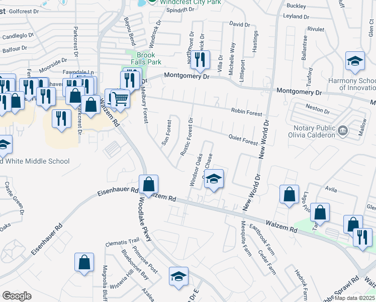 map of restaurants, bars, coffee shops, grocery stores, and more near 7902 Rustic Forest Drive in San Antonio