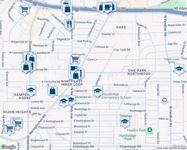 map of restaurants, bars, coffee shops, grocery stores, and more near 146 Rockhill Drive in San Antonio
