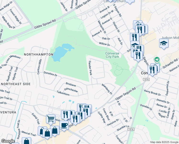 map of restaurants, bars, coffee shops, grocery stores, and more near 7527 Gander Park in Converse