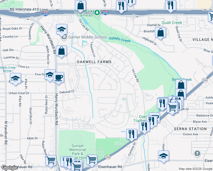 map of restaurants, bars, coffee shops, grocery stores, and more near 7 Scarborough Square in San Antonio