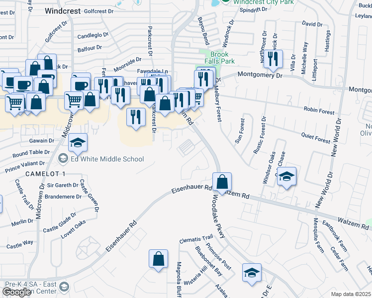 map of restaurants, bars, coffee shops, grocery stores, and more near 6110 Walzem Road in San Antonio