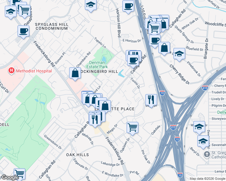 map of restaurants, bars, coffee shops, grocery stores, and more near 7575 Callaghan Road in San Antonio