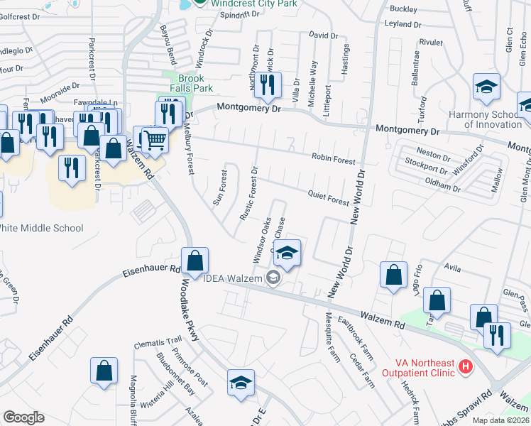 map of restaurants, bars, coffee shops, grocery stores, and more near 7643 Oak Chase in San Antonio