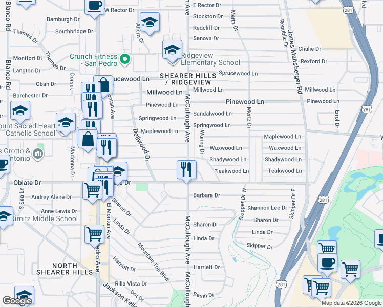 map of restaurants, bars, coffee shops, grocery stores, and more near 7802 McCullough Avenue in San Antonio