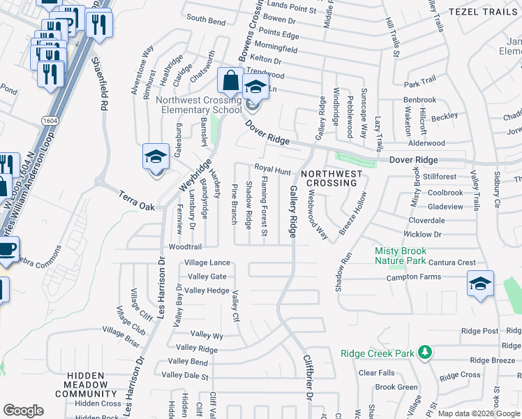 map of restaurants, bars, coffee shops, grocery stores, and more near 7243 Flaming Forest Street in San Antonio