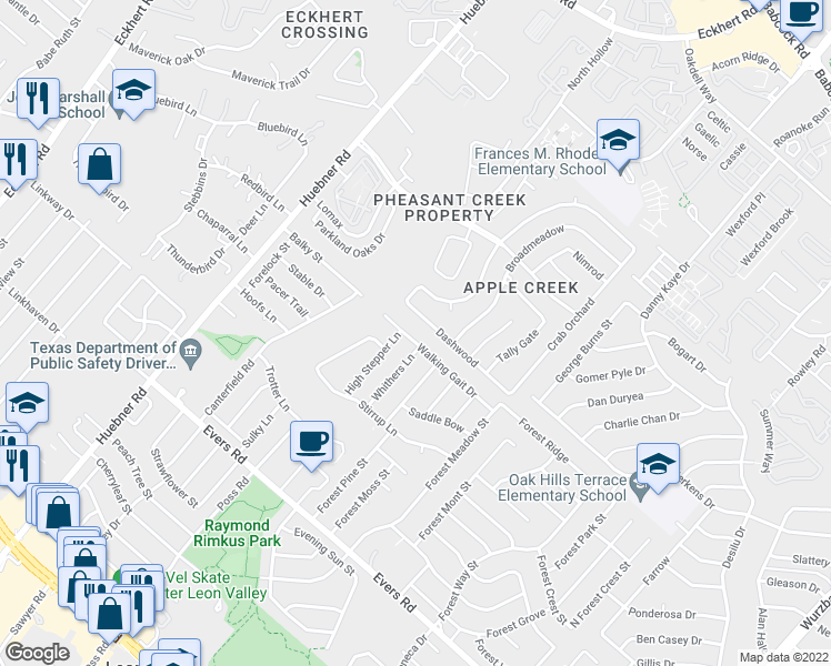 map of restaurants, bars, coffee shops, grocery stores, and more near 6207 Walking Gait Drive in San Antonio