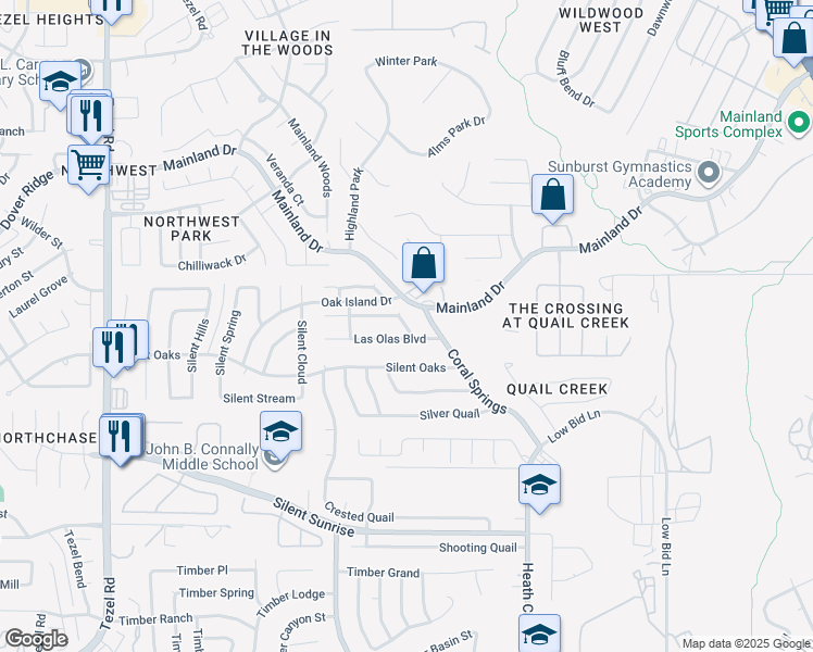 map of restaurants, bars, coffee shops, grocery stores, and more near 7212 Gaslamp Lane in San Antonio