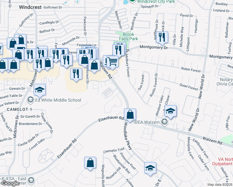 map of restaurants, bars, coffee shops, grocery stores, and more near 6110 Walzem Road in San Antonio