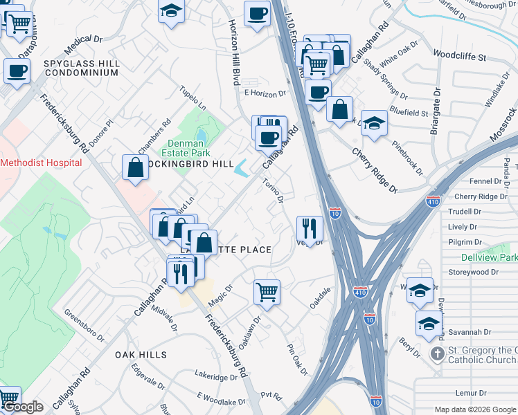 map of restaurants, bars, coffee shops, grocery stores, and more near 7626 Callaghan Road in San Antonio