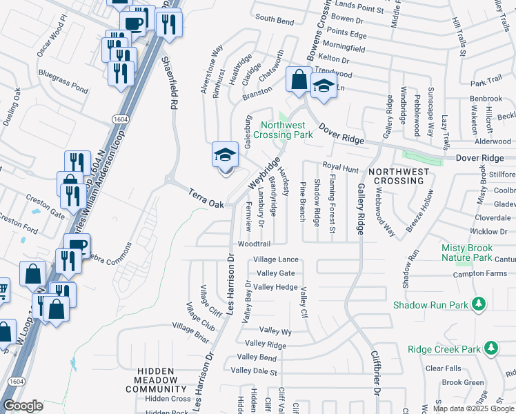 map of restaurants, bars, coffee shops, grocery stores, and more near 7265 Lansbury Drive in San Antonio