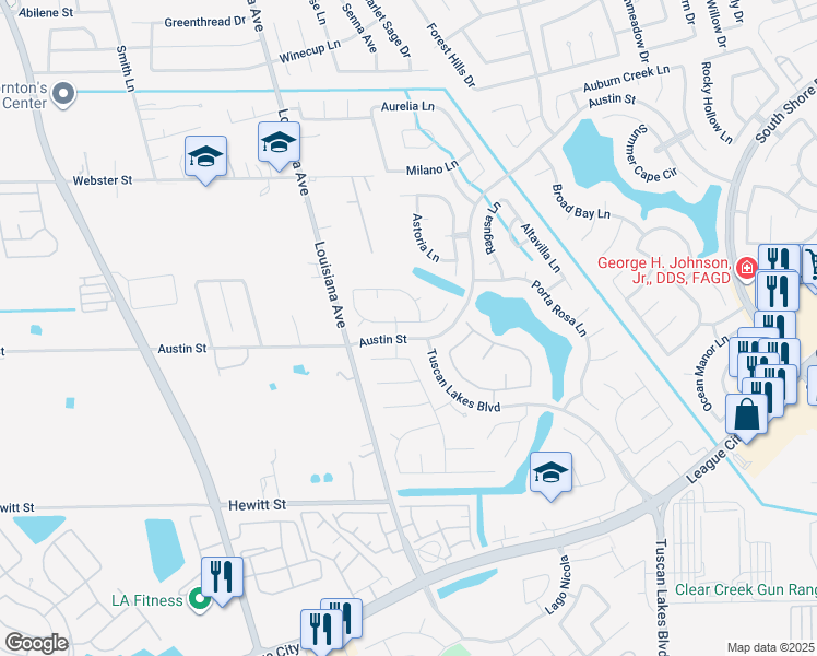map of restaurants, bars, coffee shops, grocery stores, and more near 2733 Villa Pisa Lane in League City